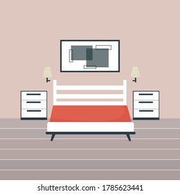 Modern interior of bedroom with bed, lamps. Comfortable room stock vector illustration. Bright and stylish