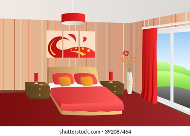 Modern interior bedroom beige red bed pillows lamps window illustration vector