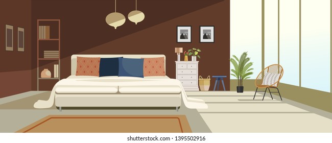 The modern interior of the bedroom. Cartoon. Flat design. Vector illustration. Furniture for the room. 