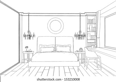 Modern Interior Bedroom Hand Drawing