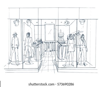 Modern interior boutique, shopping center, mall with clothes. Contour sketch illustration. 