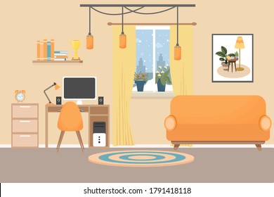 Modern interior in bright colours with workplace, computer, lamp, cozy sofa, chair, bookshelf, books stock vector illustration. Elegant room for your design.