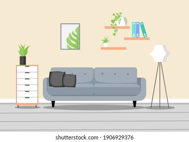 Modern interior in bright colours with workplace, lamp, sofa, chair, bookcase, , picture , pillows ,books stock vector illustration. Living room interior. Flat design vector illustration.