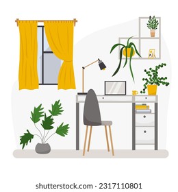 Modern interior in bright colours with workplace, computer, lamp