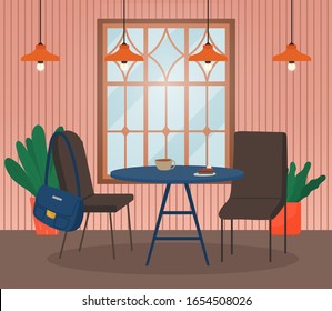 Modern interior of cafe or restaurant with furniture and decor. Table with served order and chairs, plants and lamps. Empty cafeteria or diner. Coffee shop with contemporary look, vector in flat