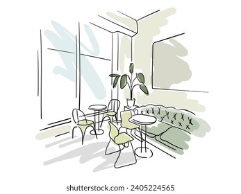 Modern interior for concept design in minimalist style drawing, vector illustration isolated on white. Colorful sketch with modern furniture