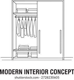 Moderno conceito interior Linha Arte Ilustração de um guarda-roupa aberto com roupas, armazenamento e prateleiras, retratando a organização da casa e design minimalista