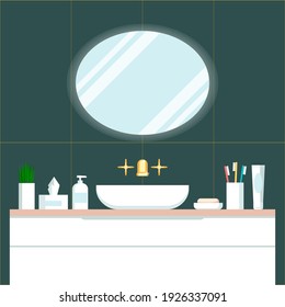 Modern interior of a cozy bathroom with an oval mirror, a white sink, a gold-colored faucet, and various accessories. Vector illustration in a flat style.