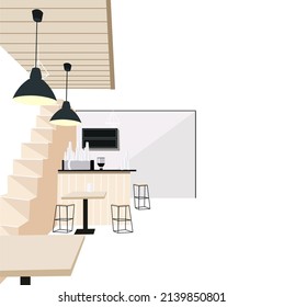Modern interior of a cozy cafe for banners, posters, websites. Beautiful illustration of a restaurant, coffee house. Contemporary furniture design.
