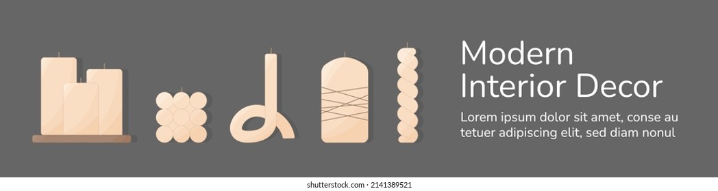 Modern interior decor candles banner. Beige Scandinavian boho style candles isolated on dark grey background horizontal banner. Cozy hygge home decor elements cartoon flat vector illustration.