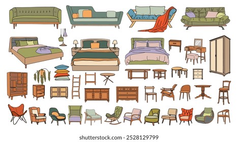 Modern interior decor and furniture set isolated .