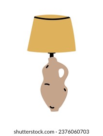 Modern interior decor lamp hand drawn vector illustration. Scandinavian stylish table lamp with abstract shape ceramic stand and yellow textile shade. Home light cozy furniture interior decor.