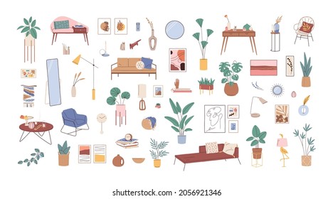 Modern interior decor set  Retro furniture  potted house plants  lamps  mirrors  home pictures  books  clocks  sofas   armchairs  Colored flat vector illustration isolated white background