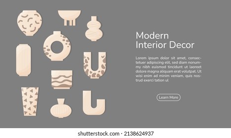 Modern interior decor vases web banner background template. Aesthetic Scandinavian style different flower vases isolated on grey background. Minimal elegant home decor elements. Flat cartoon vector.