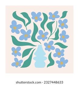 Modern interior decoration, poster, wall art, card with small blue abstract flowers. Trendy botanical flat vector illustration.