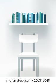Modern interior design. chair and book shelf. Furniture.