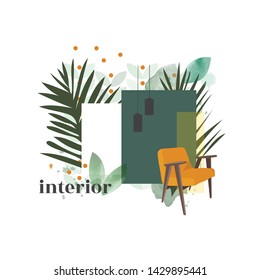 modern interior design collage illustration. contemporary interior mood board. vector trendy  furniture. interior design trends. 