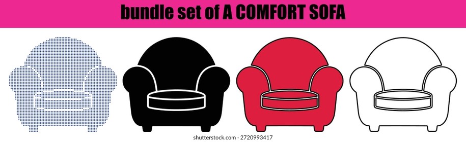 Modernes Interior Design Komfort Sitzvektor: Stilvolles Komfort-Sofa-Umrissvektor mit kreativen gepunkteten Kunstdetails, die architektonische Möbellayout, Weichheit und minimalistisches Grafikdesign darstellen.