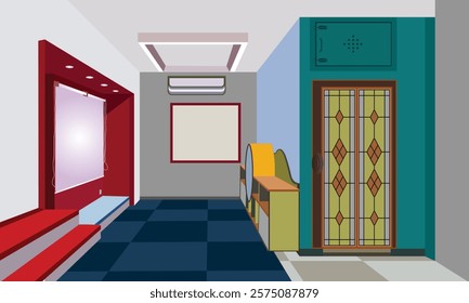 Modern interior design with decorative door, vibrant shelves, and stylish ceiling lights