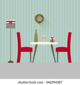 Modern interior design of a dining room for web design, print, poster, presentation, infographic. ?hristmas dining  room. ?hristmas background. Flat design illustration. EPS 10 vector file.