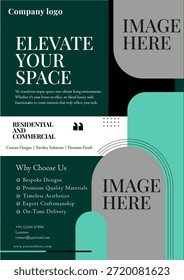 Plantilla de volante de diseño interior moderno para muebles para el hogar y negocios de arquitectura. Diseño Corporativa de folletos con Formas geométricas y espacio para Imágenes.