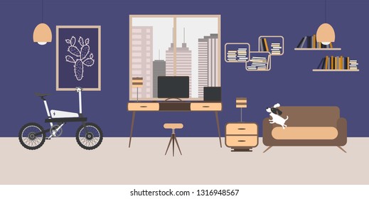 Modern interior design of Freelance WorkRoom with furniture, different constructor elements, desk, chair, couch, chair, lamp, painting, window, electric bike, dasktop, dog. Vector illustration.