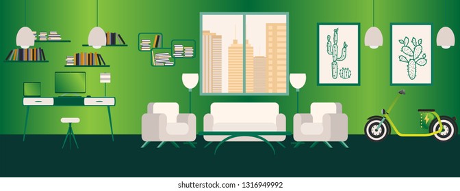 Modern interior design of Freelance WorkRoom with furniture, different constructor elements, desk, chair, couch, chair, lamp, painting, window, electric bike, dasktop. Vector illustration. 