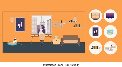 Modern interior design of Freelance WorkRoom with furniture, different constructor elements, desk, chair, couch, chair, lamp, painting, window, dasktop, dog, woman at work. Vector illustration. 