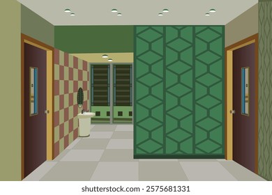 Modern interior design with geometric wall patterns, sink, and doors - Vector illustration