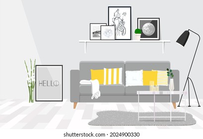 Modern interior design of gray room with yellow accents