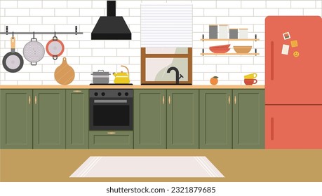 Modern interior design home kitchen. Dining area in the house, kitchen utensils. Colored flat vector illustration of room in modern style.