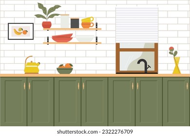 Modern interior design home kitchen. The concept of banners for furniture design. Dining area in the house, kitchen utensils.
Colored flat vector illustration of room in modern style.