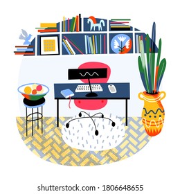 Modern interior design of home office with library. Work desk and computer, comfortable chair, shelves with books and decor, potted plant, fruit bowl. Vector illustration of working place background