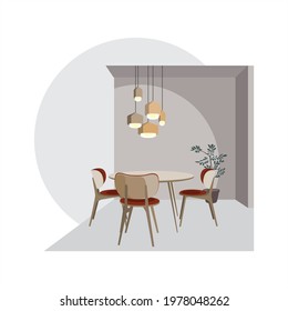 Modern interior design idea. Kitchen interior. Cozy apartment. Dream kitchen. Part of the house. Pastel tones in the room. Beautiful room. Flat vector illustration on isolated background.
