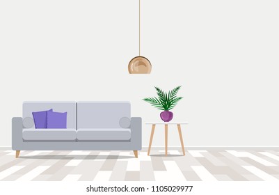 Modern interior design with a light sofa against a white wall background. Vector flat illustration.