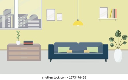 Modern interior design of a living room with window and furniture.vector and illustration for designer and people who like to decorate the house.