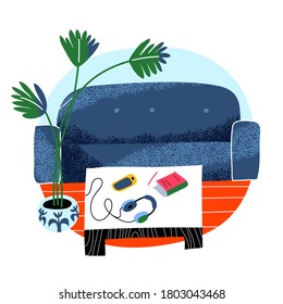 Modern interior design of living room in city apartment. Comfortable blue carpet, headphones and smartphone on coffee table, potted plant. Vector illustration of working or resting place background
