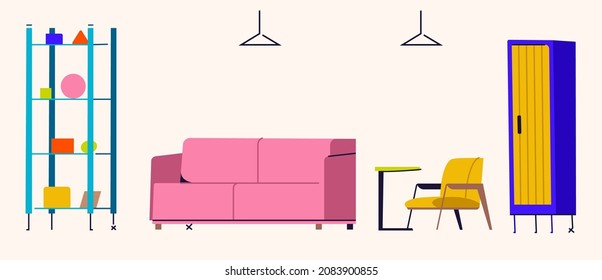 Modern interior design of living room with furniture. Comfortable room with racks with decor, couch, table and armchair, wardrobe and hanging lamps. Vector illustration isolated on white background