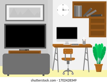 Modern interior design, the office room consists of bookshelf, sofa, television with computer and green plant pots. By mainly using gray and brown tones