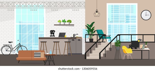 Modern interior design office. Workspace with large windows with an industrial view. Vector flat illustration.