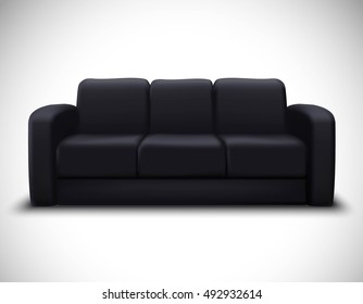 Modern Interior Design Realistic Mockup Poster With Black Leather Sofa For Living Room Furniture Arrangement Vector Illustration 