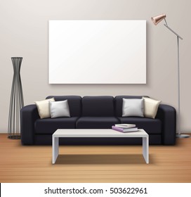 Modern interior design realistic mockup poster with sofa coffee table whiteboard and decorative floor vase vector illustration 