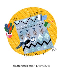 Modern interior design of room in top view. Patterned carpet, open books, potted plant, sleeping cat. Comfortable apartment in scandinavian style. Vector illustration of resting place background