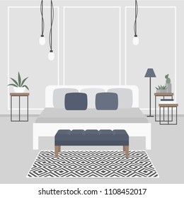 Modern interior design. Scandinavian style. Double bed. Bedroom. Flat editable vector illustration, clip art