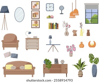 Modern interior design. A set of elements for decorating the interior of a bedroom or living room. A sofa and an armchair, a bedside table, a floor lamp and lamps. A window with blinds. Figurines