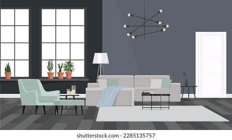 Decoración moderna de una habitación espaciosa, un cómodo sofá, una mesa junto a ella contra una pared gris con plantas.