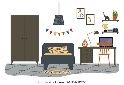 Modern interior design for a teenage room. Furniture - bed, table and chair, laptop, wardrobe and shelves with books and flowers. Vector flat illustration.