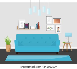 The modern interior design in turquoise colors. The cozy living room.