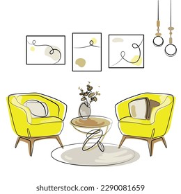 Modern interior design with two armchairs and abstract paintings on the wall, coffee table with trendy vase and trendy lamps sketch drawing vector illustration.Minimalist style modern furniture design