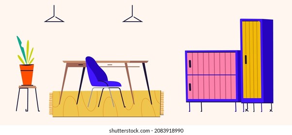 Modern interior design of workplace with furniture. Home cabinet or office room with desks and chair, carpet, houseplant, wardrobe and hanging lamp. Vector illustration isolated on white background